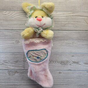3D Yellow Bunny Rabbit Happy‎ Easter Stocking Plush Pink Lace Bonnet 70's Vtg